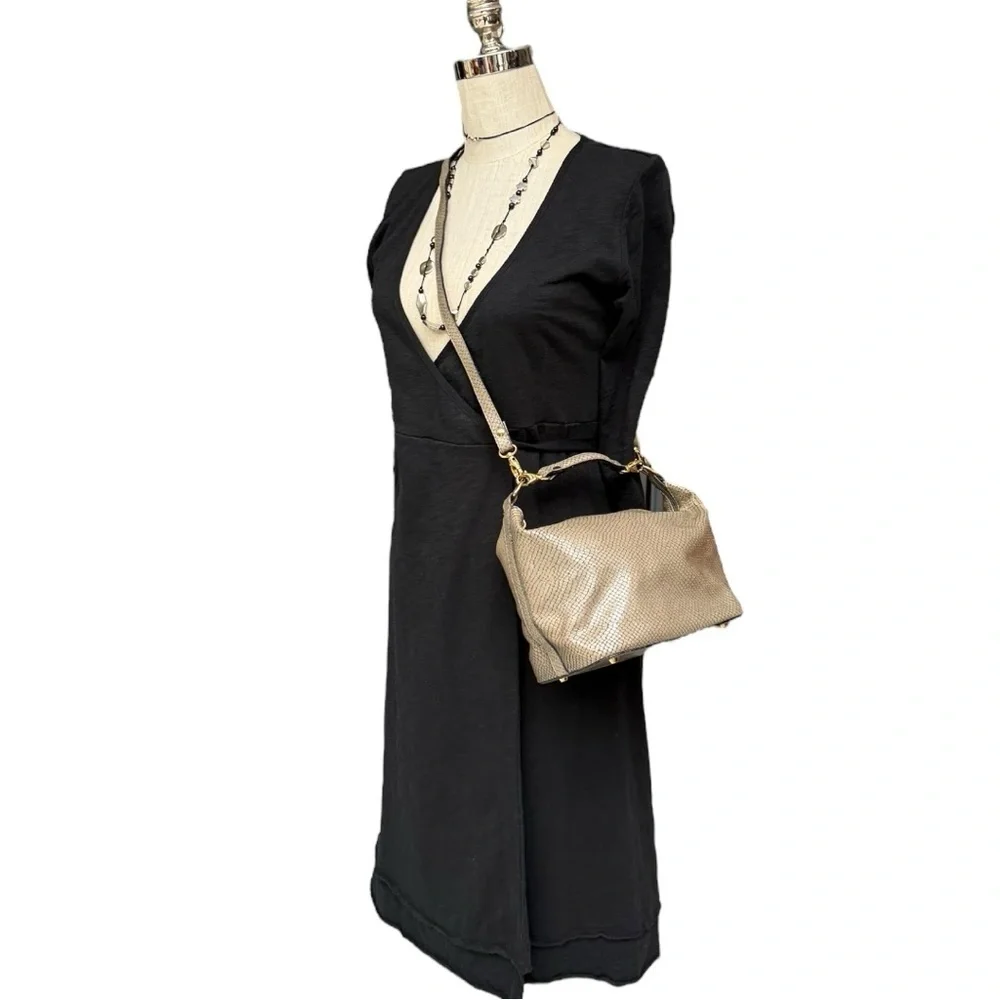 Vintage Metallic Taupe Snake-Embossed Leather Crossbody Bag